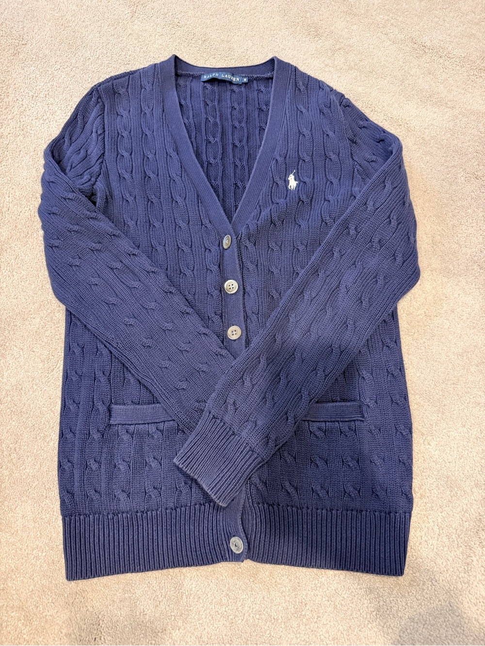 Vintage Ralph Lauren Navy Cable-Knit Cotton Cardigan Sweater